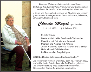 Traueranzeige von Christa Mazal von FZ