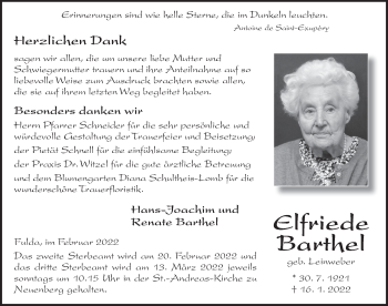 Traueranzeige von Elfriede Barthel von FZ