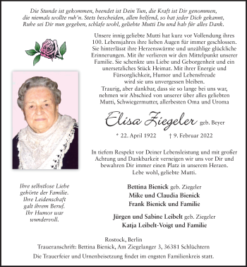 Traueranzeige von Elisa Ziegeler von FZ