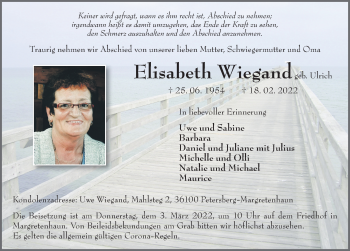 Traueranzeige von Elisabeth Wiegand von FZ