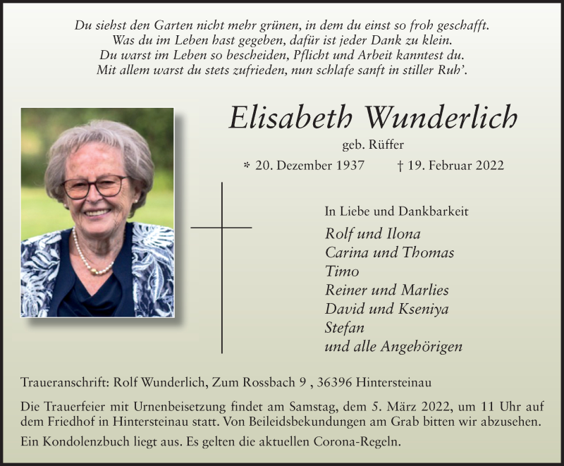  Traueranzeige für Elisabeth Wunderlich vom 26.02.2022 aus FZ