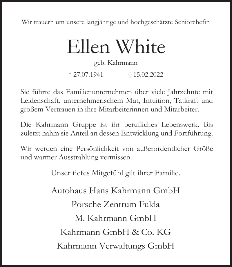  Traueranzeige für Ellen White vom 19.02.2022 aus FZ