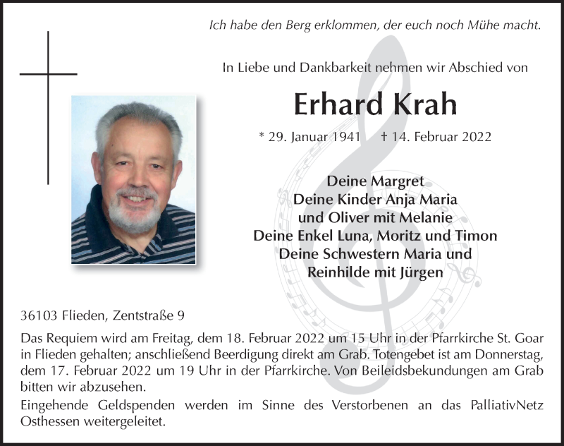  Traueranzeige für Erhard Krah vom 17.02.2022 aus FZ