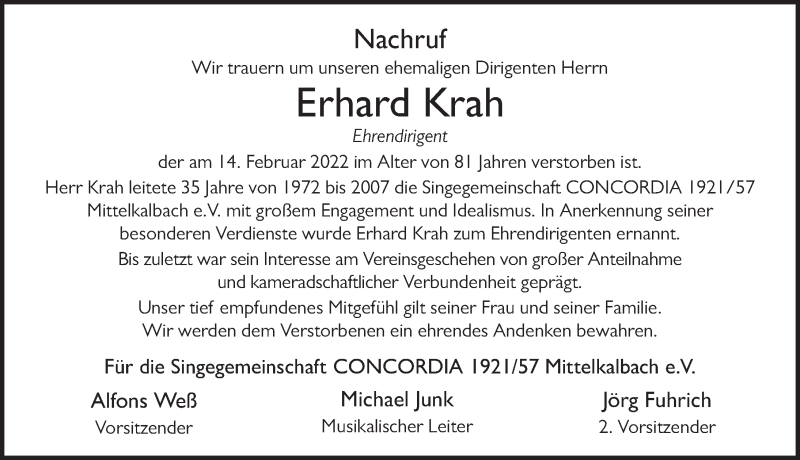  Traueranzeige für Erhard Krah vom 17.02.2022 aus FZ