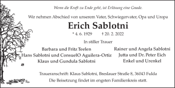 Traueranzeige von Erich Sablotni von FZ