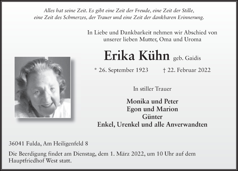  Traueranzeige für Erika Kühn vom 26.02.2022 aus FZ