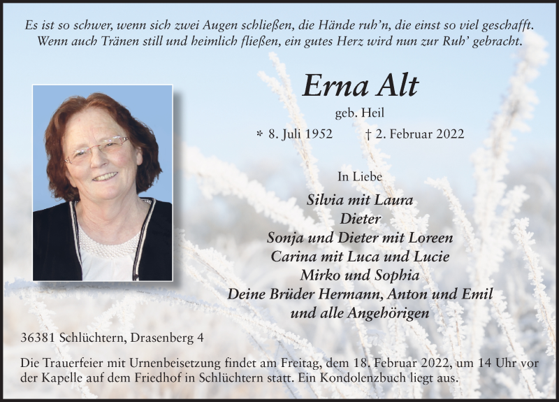  Traueranzeige für Erna Alt vom 14.02.2022 aus FZ