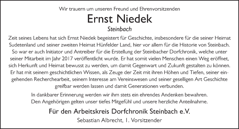  Traueranzeige für Ernst Niedek vom 10.02.2022 aus FZ