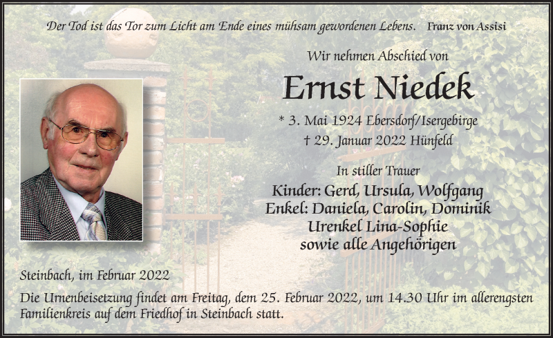  Traueranzeige für Ernst Niedek vom 10.02.2022 aus FZ