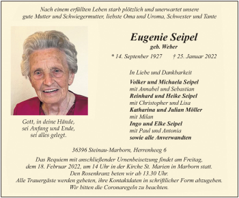 Traueranzeige von Eugenie Seipel von FZ