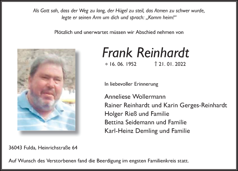  Traueranzeige für Frank Reinhardt vom 05.02.2022 aus FZ