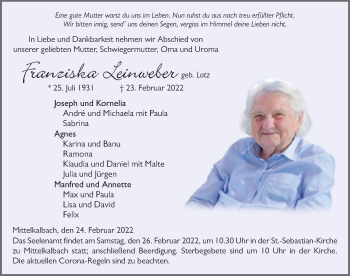 Traueranzeige von Franziska Leinweber von FZ