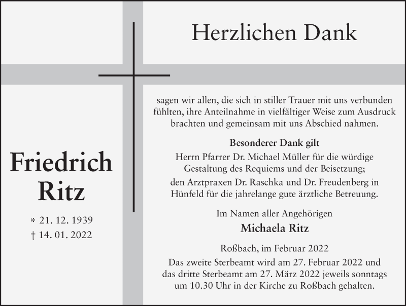  Traueranzeige für Friedrich Ritz vom 22.02.2022 aus FZ