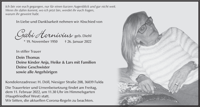  Traueranzeige für Gabi Hornivius vom 07.02.2022 aus FZ