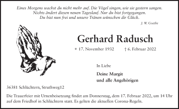 Traueranzeige von Gerhard Radusch von FZ