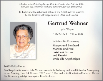 Traueranzeige von Gertrud Wehner von FZ