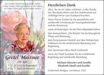 Traueranzeige von Gretel Meixner von FZ