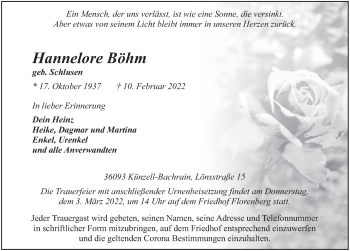 Traueranzeige von Hannelore Böhm von FZ