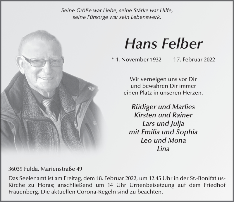  Traueranzeige für Hans Felber vom 12.02.2022 aus FZ