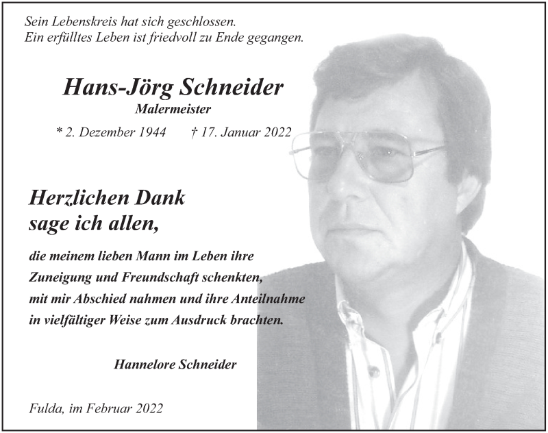  Traueranzeige für Hans-Jörg Schneider vom 24.02.2022 aus FZ