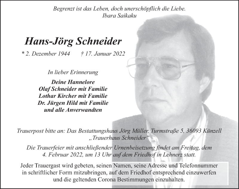  Traueranzeige für Hans-Jörg Schneider vom 02.02.2022 aus FZ