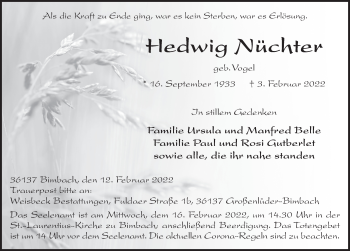 Traueranzeige von Hedwig Nüchter von FZ