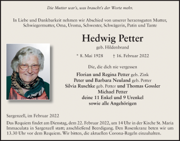 Traueranzeige von Hedwig Petter von FZ