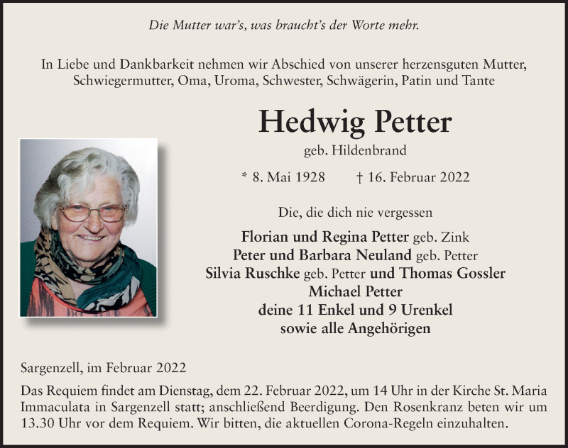  Traueranzeige für Hedwig Petter vom 19.02.2022 aus FZ