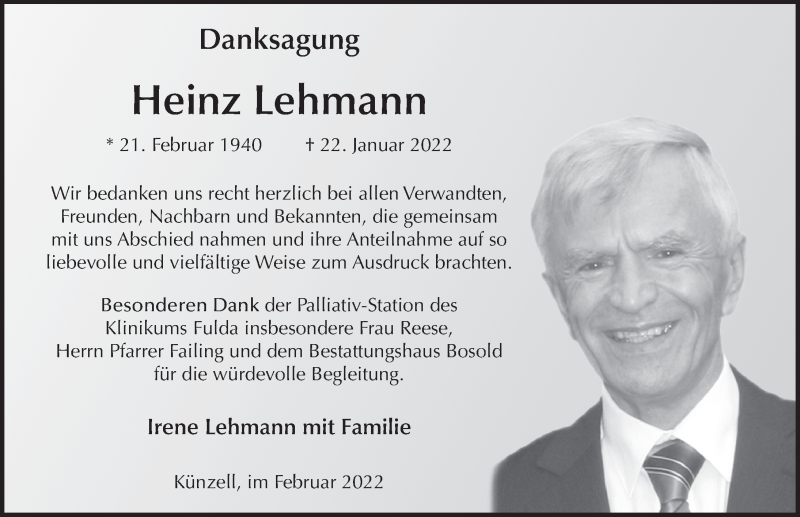  Traueranzeige für Heinz Lehmann vom 19.02.2022 aus FZ
