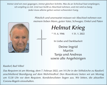 Traueranzeige von Helmut Krieg von FZ