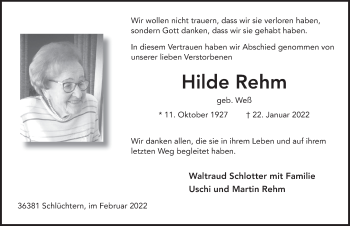 Traueranzeige von Hilde Rehm von FZ