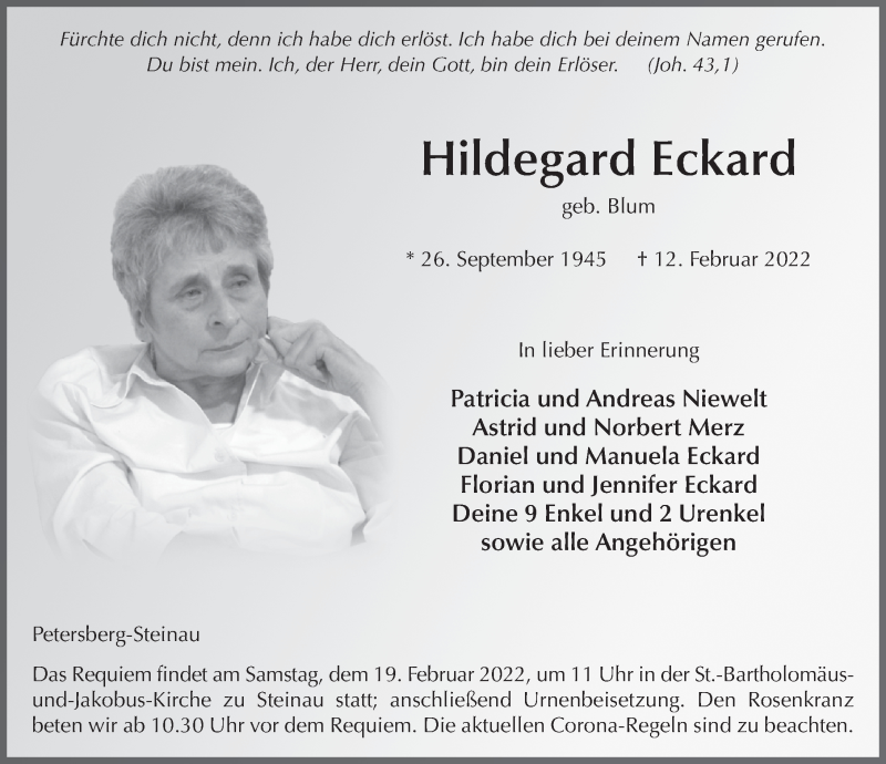  Traueranzeige für Hildegard Eckard vom 16.02.2022 aus FZ