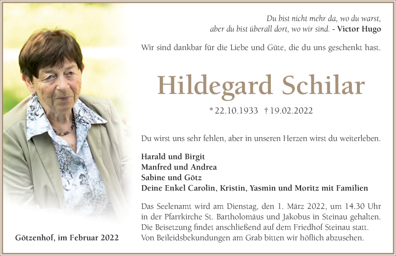  Traueranzeige für Hildegard Schilar vom 26.02.2022 aus FZ