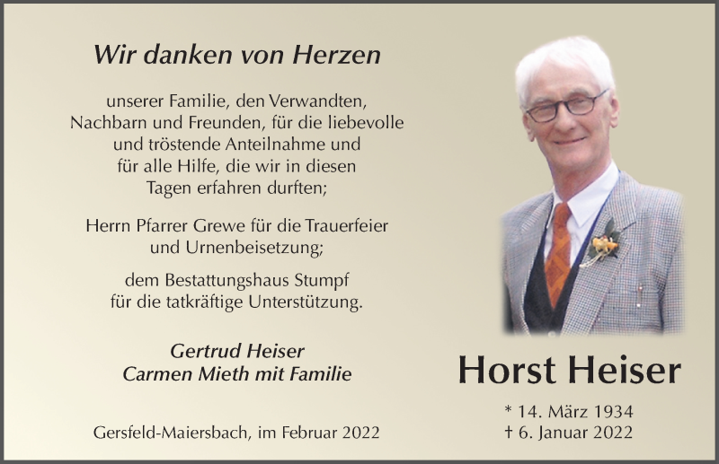  Traueranzeige für Horst Heiser vom 10.02.2022 aus FZ