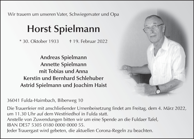  Traueranzeige für Horst Spielmann vom 26.02.2022 aus FZ