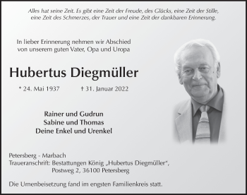 Traueranzeige von Hubertus Diegmüller von FZ