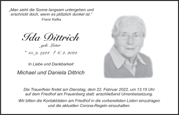 Traueranzeige von Ida Dittrich von FZ