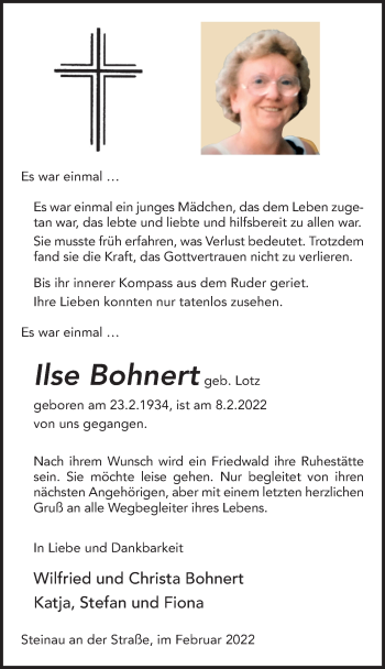 Traueranzeige von Ilse Bohnert von FZ