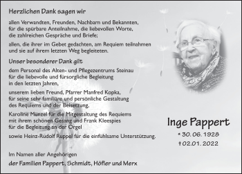 Traueranzeige von Inge Pappert von FZ
