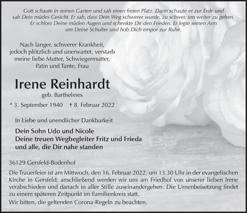  Traueranzeige für Irene Reinhardt vom 12.02.2022 aus FZ