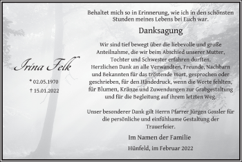 Traueranzeige von Irina Felk von FZ