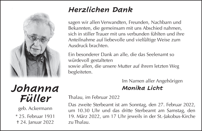  Traueranzeige für Johanna Füller vom 25.02.2022 aus FZ