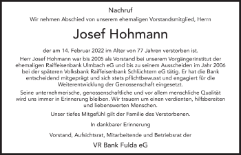 Traueranzeige von Josef Hohmann von FZ