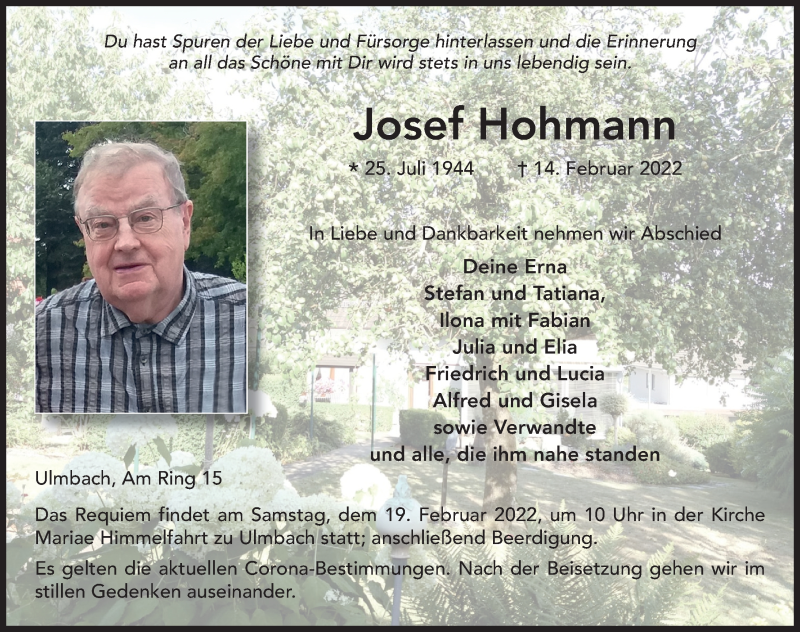  Traueranzeige für Josef Hohmann vom 16.02.2022 aus FZ