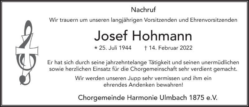  Traueranzeige für Josef Hohmann vom 19.02.2022 aus FZ