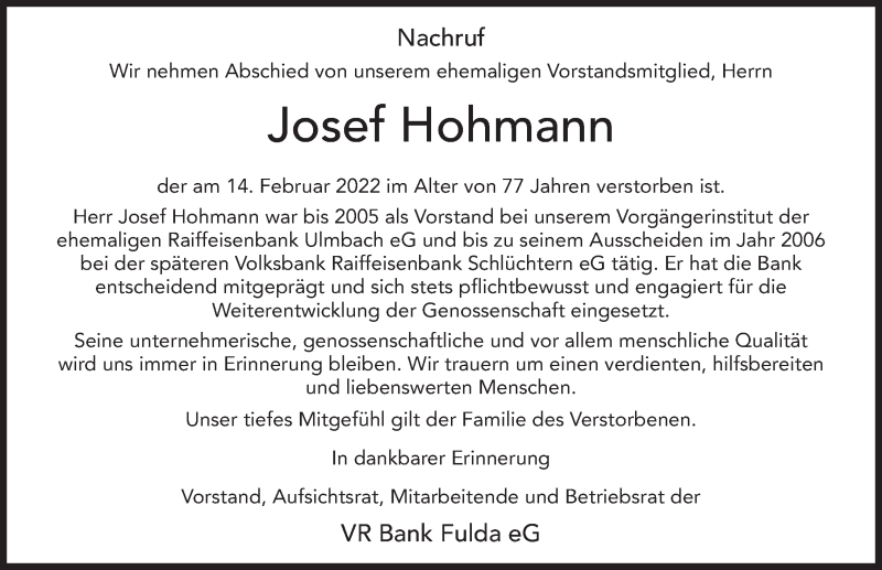  Traueranzeige für Josef Hohmann vom 16.02.2022 aus FZ