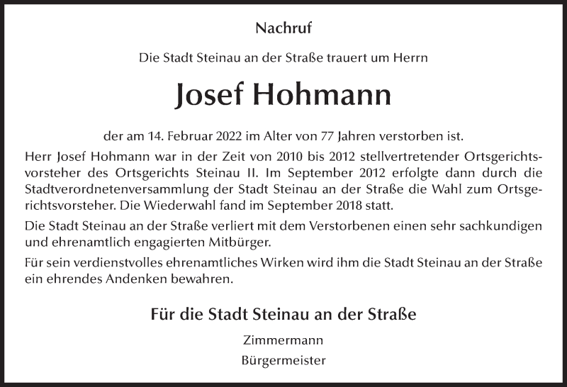  Traueranzeige für Josef Hohmann vom 19.02.2022 aus FZ