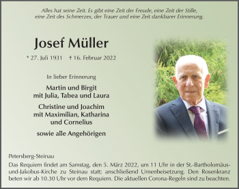 Traueranzeige von Josef Müller von FZ