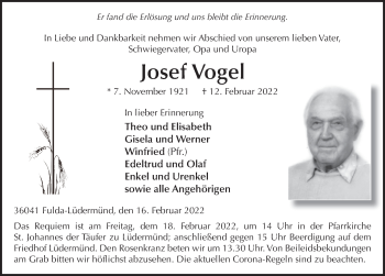 Traueranzeige von Josef Vogel von FZ