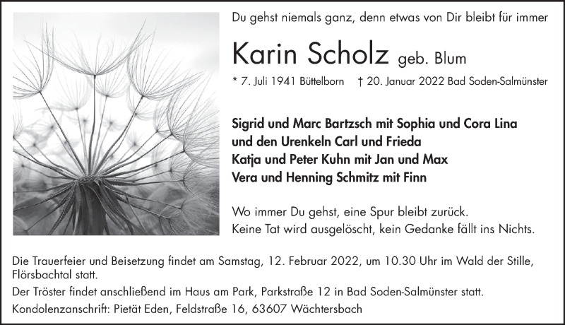  Traueranzeige für Karin Scholz vom 05.02.2022 aus FZ